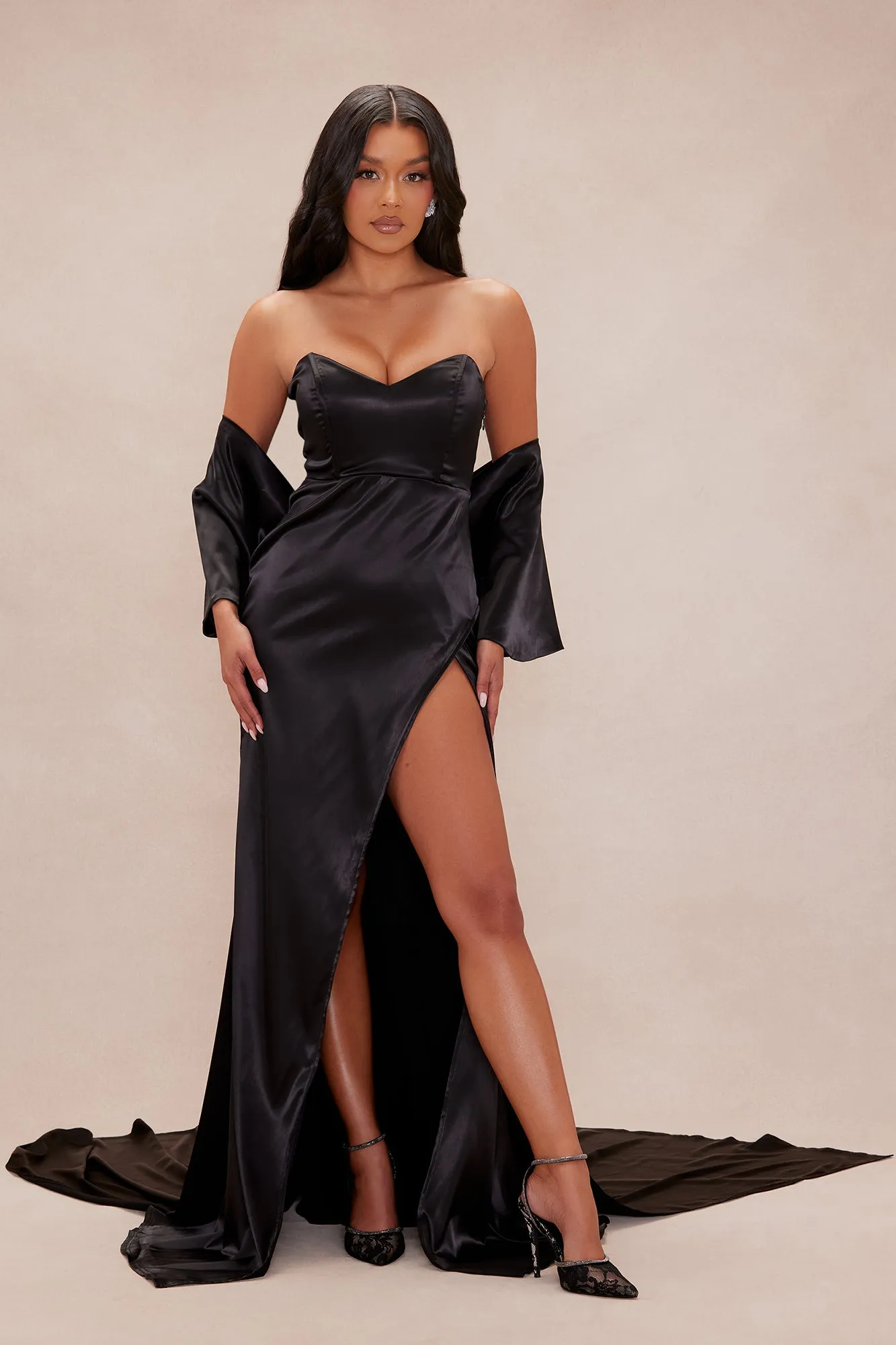 The Main Attraction Satin Gown Set - Black sold by Fashion Nova