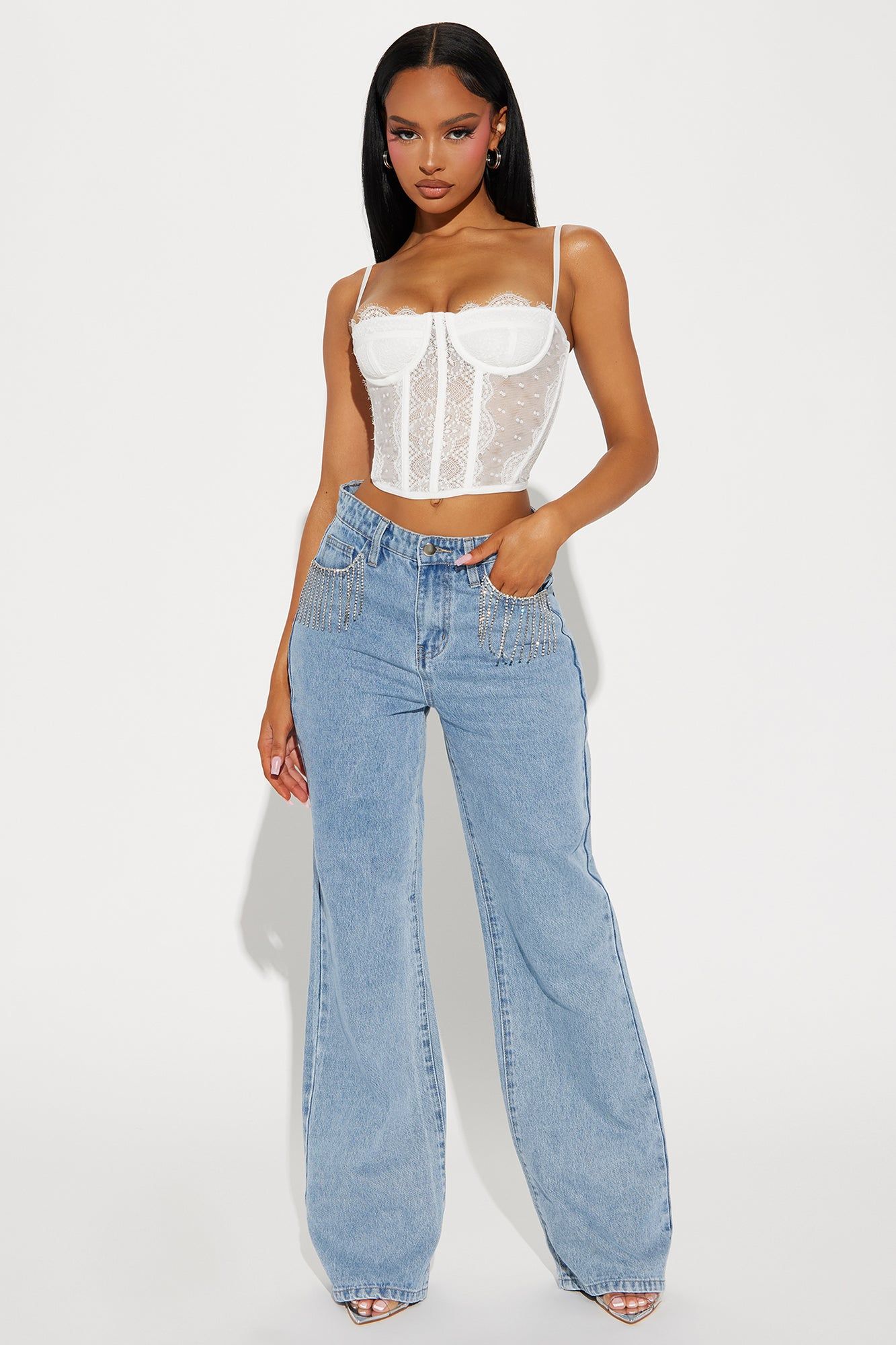Brighten Up Embellished Fringe Straight Leg Jeans - Light Wash sold by Fashion Nova
