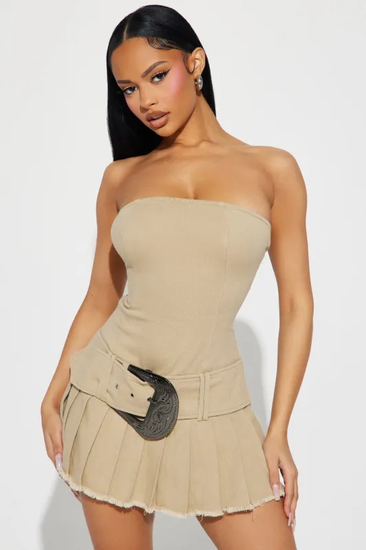 Nashville Trip Denim Romper - Tan sold by Fashion Nova