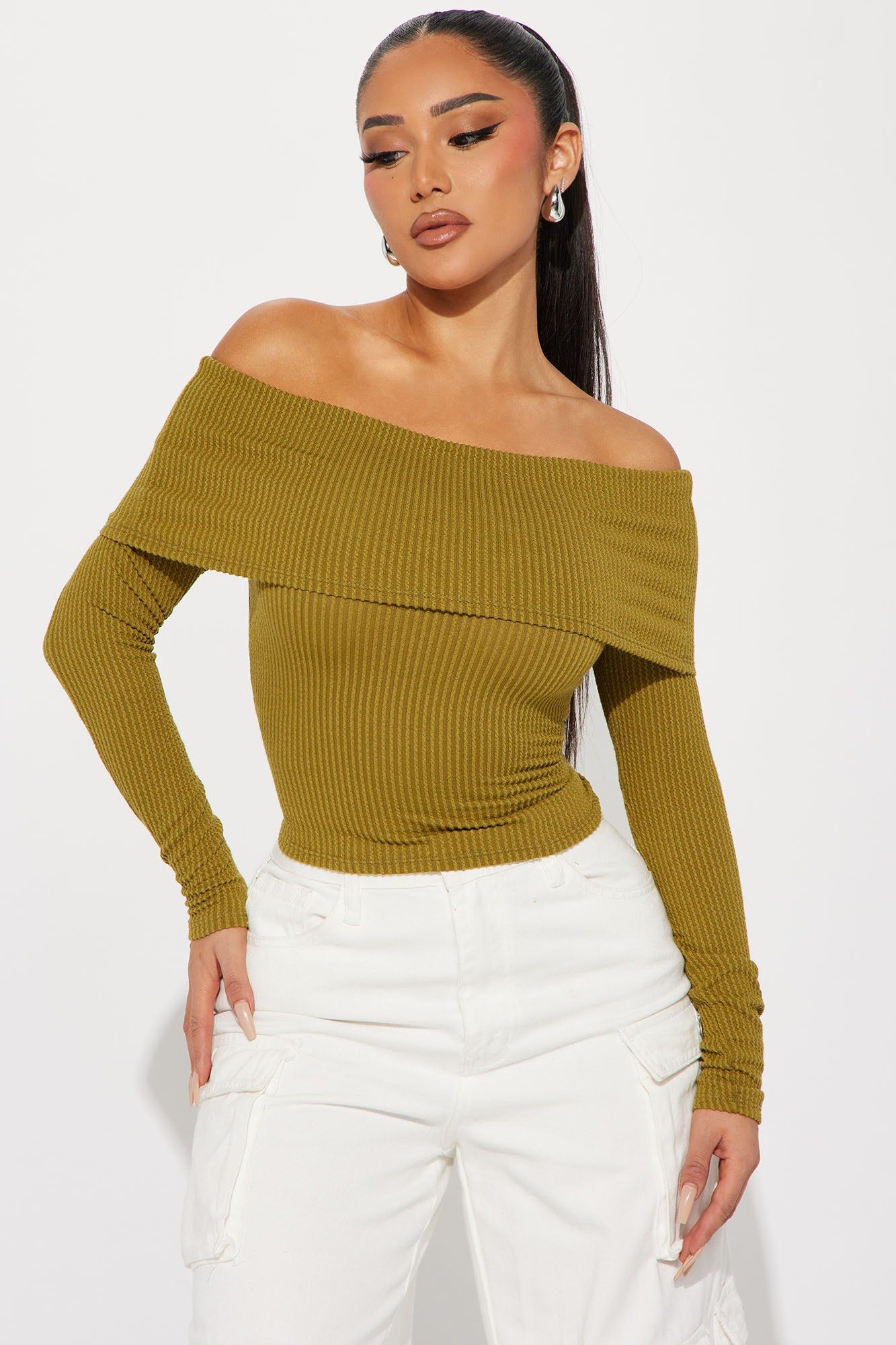 Best Of Luck Off Shoulder Top - Olive sold by Fashion Nova