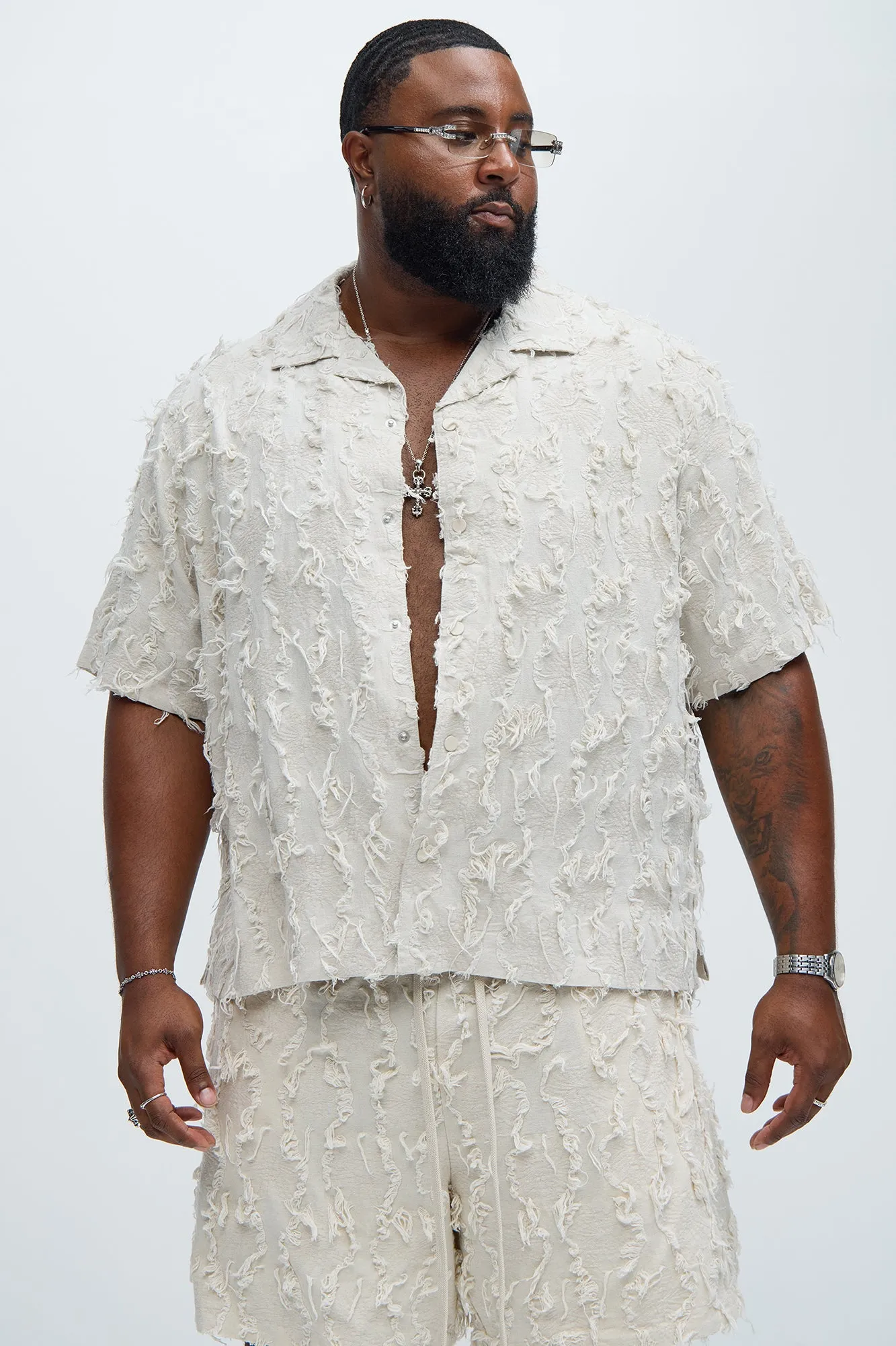 Frayed Jacquard Linen Shirt - Off White sold by Fashion Nova product image thumbnail 5