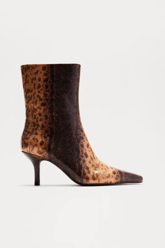 Meg Heeled Booties - Brown/combo sold by Fashion Nova
