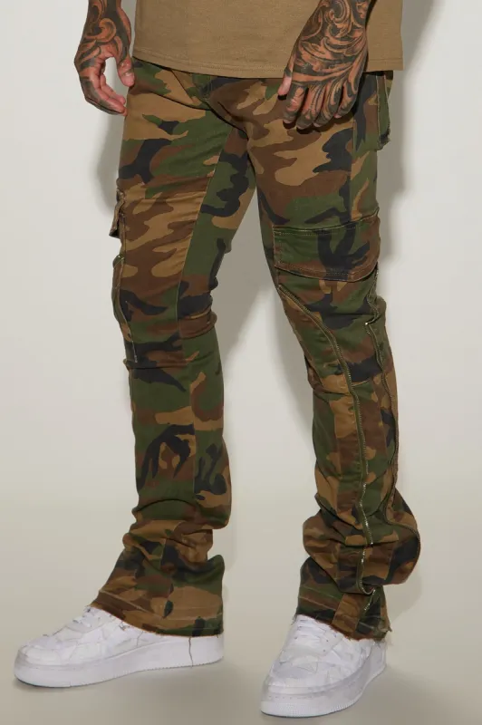 Down Ways Stacked Skinny Zipper Flare Pants - Camouflage sold by Fashion Nova