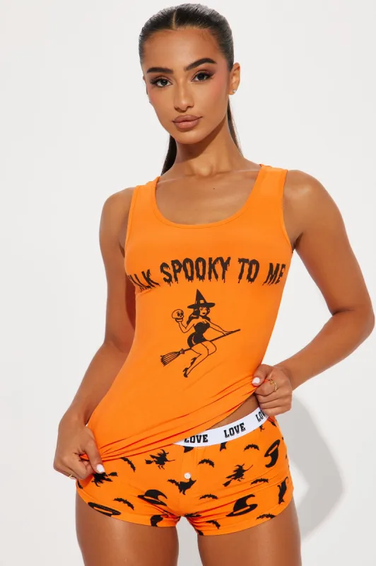 Talk Spooky To Me Halloween PJ Set - Orange/combo sold by Fashion Nova