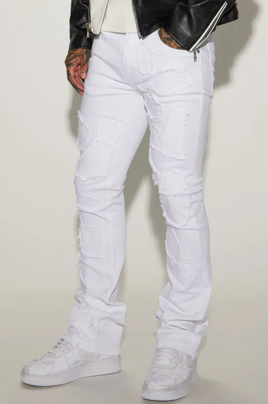 No Going Back Distressed Stacked Skinny Flare Pants - White sold by Fashion Nova