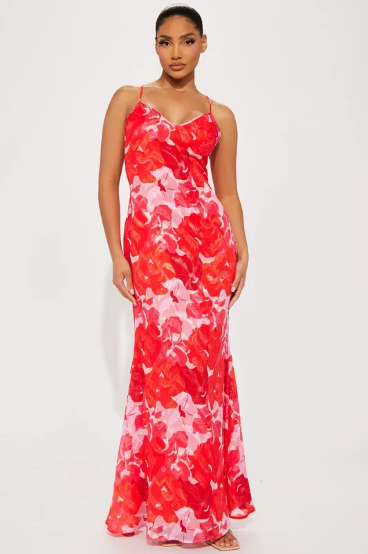 Garden Party Chiffon Maxi Dress - Red/combo sold by Fashion Nova