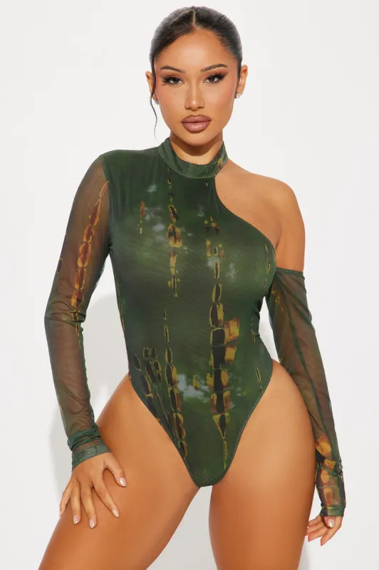 Mood For You Mesh Bodysuit - Olive/combo sold by Fashion Nova