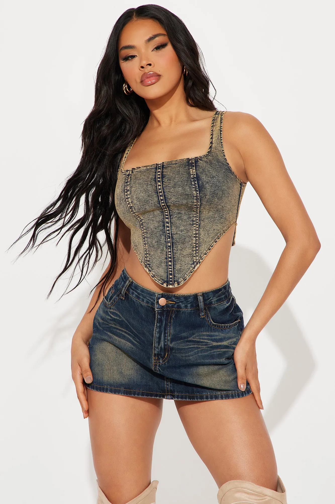 Eliara Denim Corset Top - Vintage Wash sold by Fashion Nova