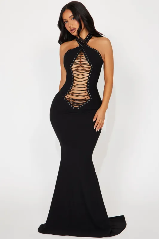 Too Hot Lace Up Maxi Dress - Black sold by Fashion Nova