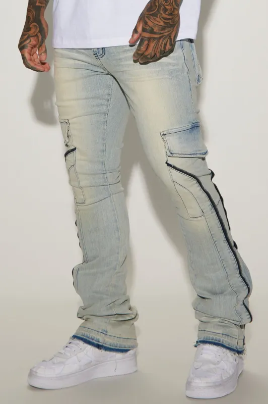 Down Ways Stacked Skinny Zipper Flare Pants - Light Wash sold by Fashion Nova