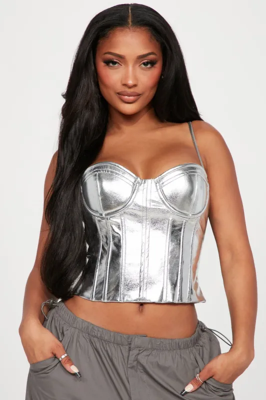 Mikayle Metallic Corset Top - Silver sold by Fashion Nova