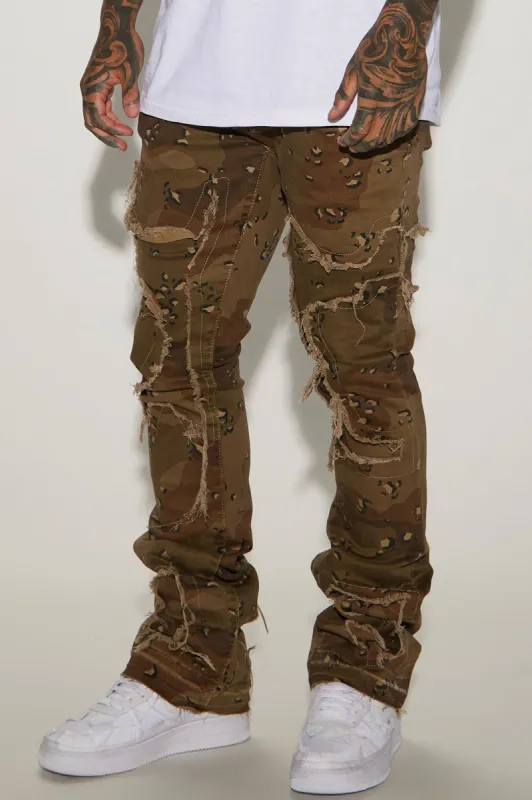 Coming Sideways Fray Stacked Skinny Flare Pants - Brown/combo sold by Fashion Nova