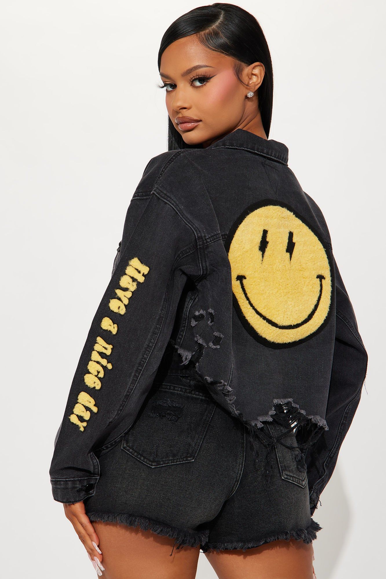 Have A Nice Day Happy Denim Trucker Jacket - Black Wash sold by Fashion Nova product image thumbnail 4