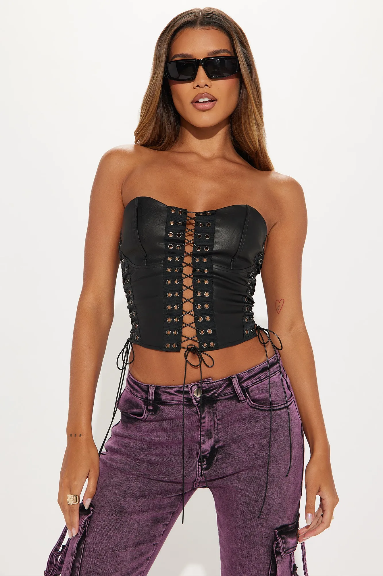Fair Trade Faux Leather Top - Black sold by Fashion Nova