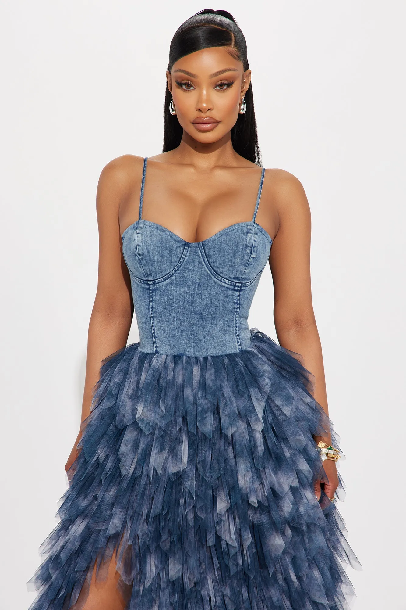 riu Rちゃん Tulle docking denim dress インディゴ riu Rちゃん Tulle docking denim dress インディゴ - メルカリ