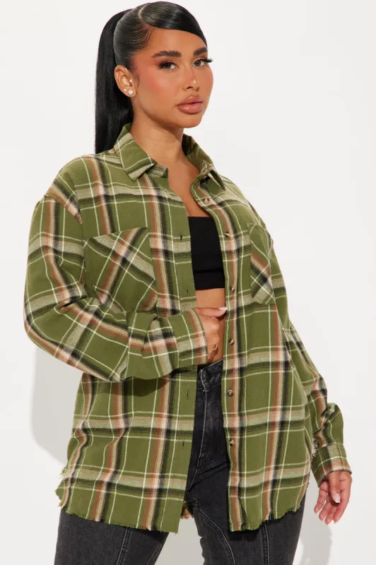 Seasons Change Plaid Shirt - Olive/combo sold by Fashion Nova