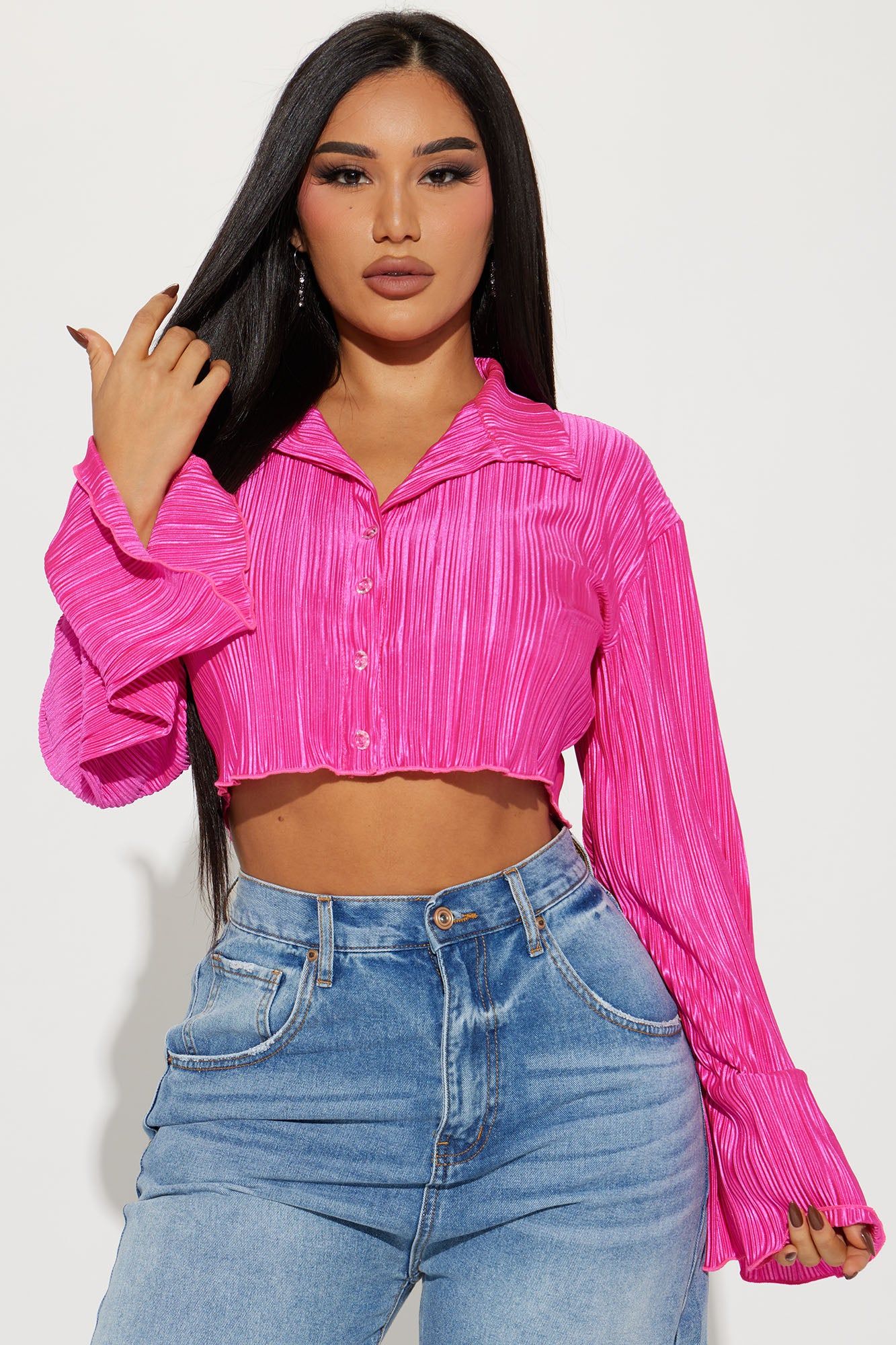 Find Your Love Cropped Shirt - Fuchsia sold by Fashion Nova