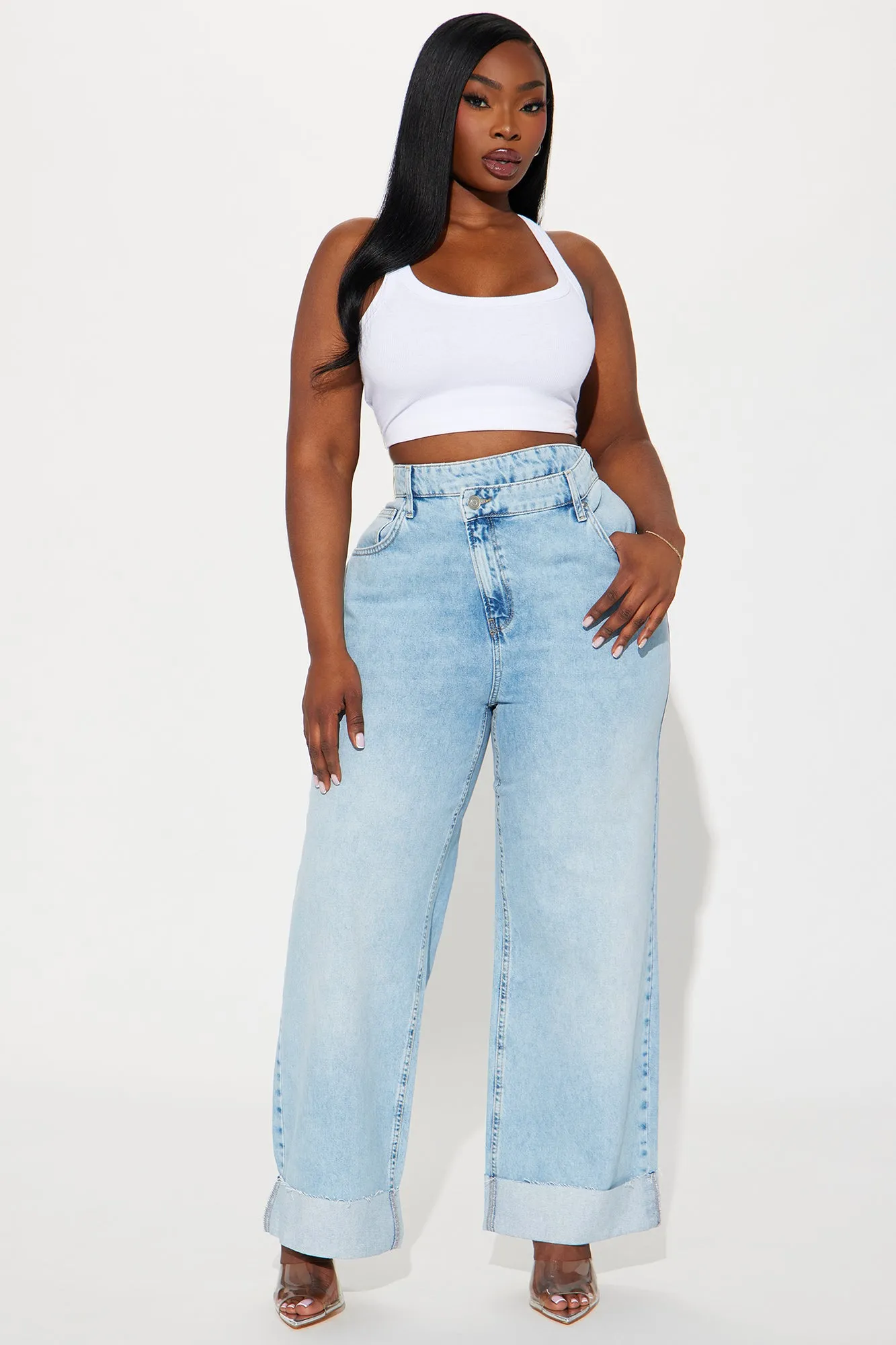 Getting Caught In It Crossover Cuffed Straight Leg Jeans - Light Wash sold by Fashion Nova product image thumbnail 4