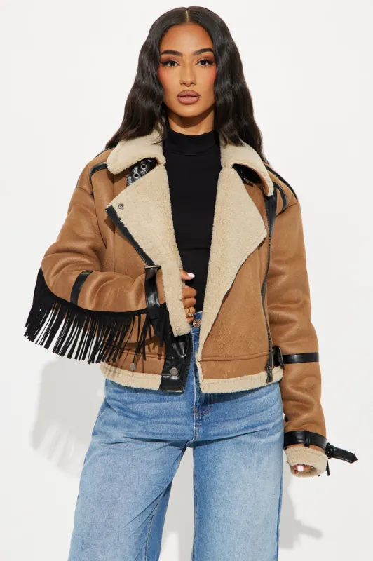 Kareem Faux Suede Fringe Moto Jacket - Cognac sold by Fashion Nova