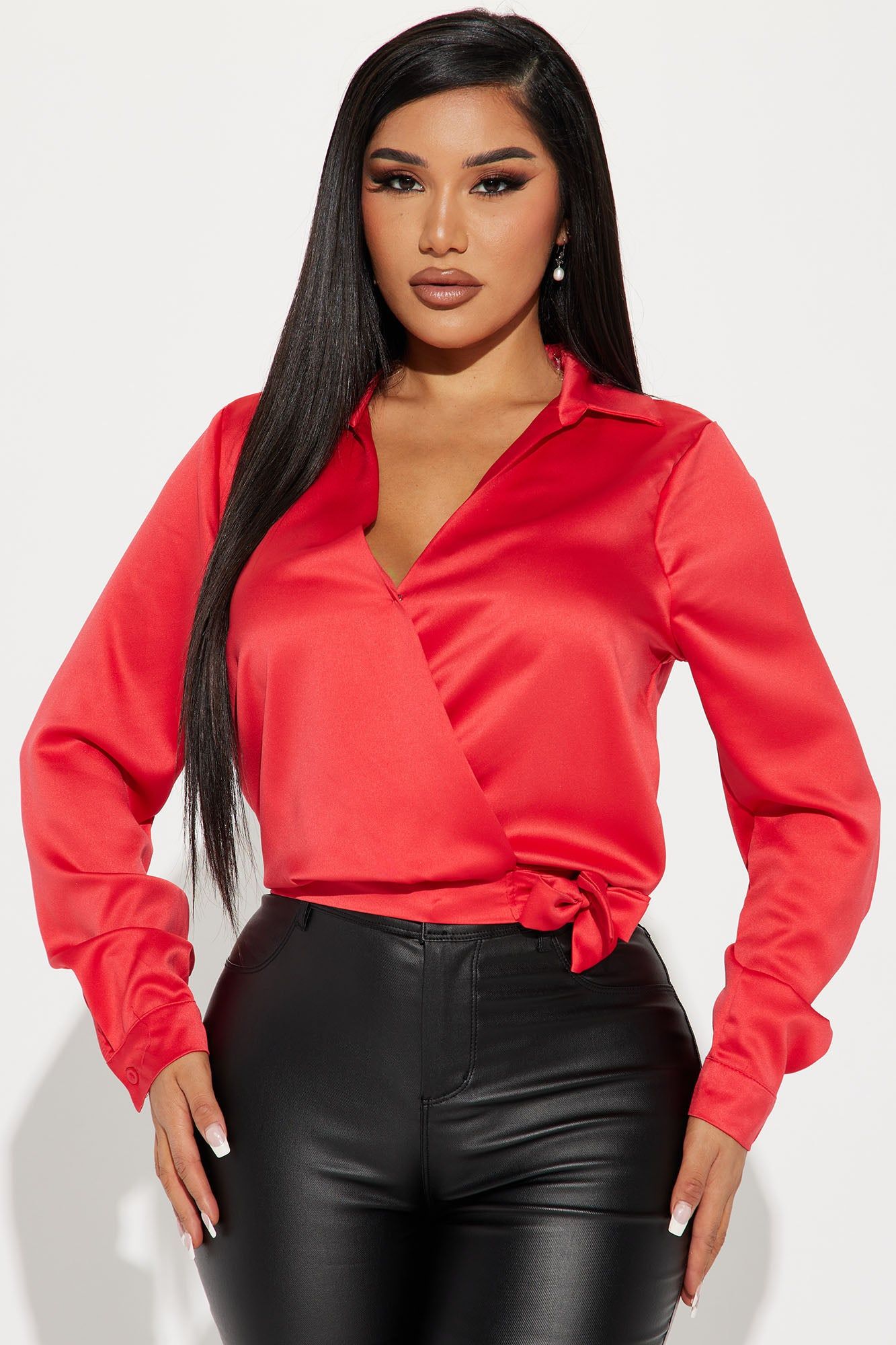 Olivia Satin Blouse Top - Red sold by Fashion Nova