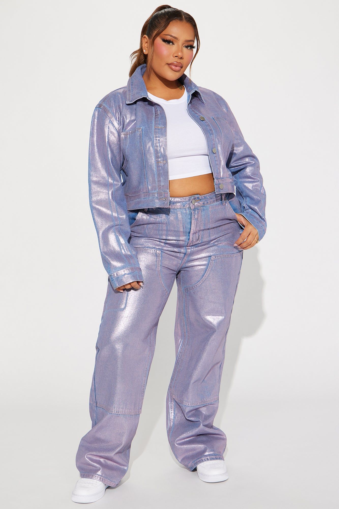 Big Time Magic Metallic Coated Straight Leg Jeans - Pink sold by Fashion Nova product image thumbnail 4