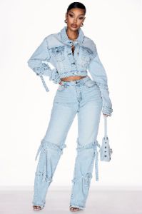 All Tied Up Stretch Straight Leg Jeans - Light Wash sold by Fashion Nova