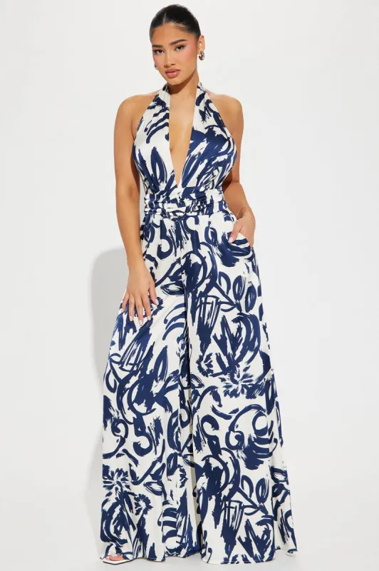 Ocean Rendezvous Satin Jumpsuit  - Blue/combo sold by Fashion Nova