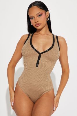 Gabriella Ribbed Bodysuit - Taupe/combo sold by Fashion Nova