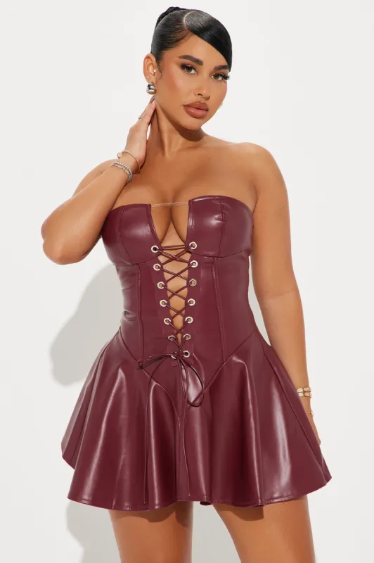 Leathered Seduction Micro Mini Dress - Burgundy sold by Fashion Nova