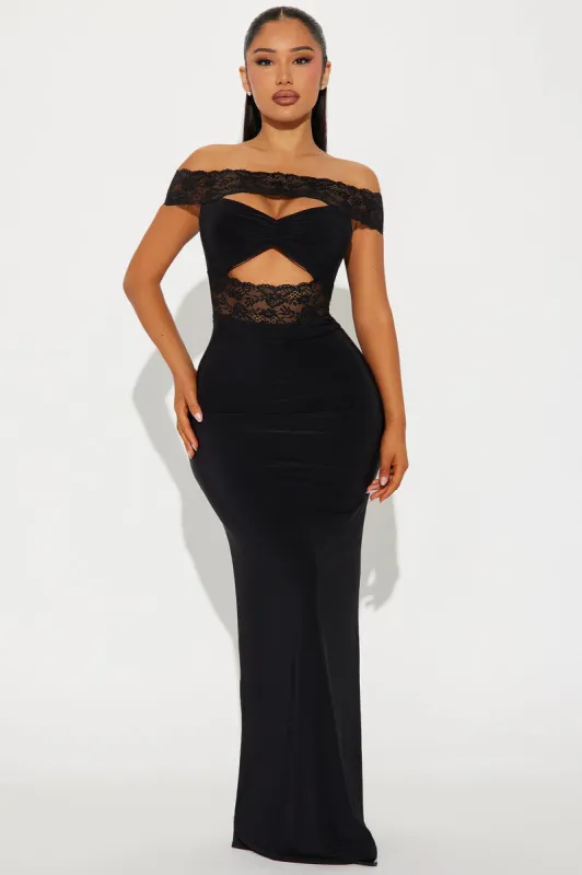 Monica Lace Off Shoulder Maxi Dress - Black sold by Fashion Nova
