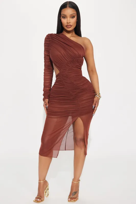 Arielle Mesh Midi Dress - Brown sold by Fashion Nova