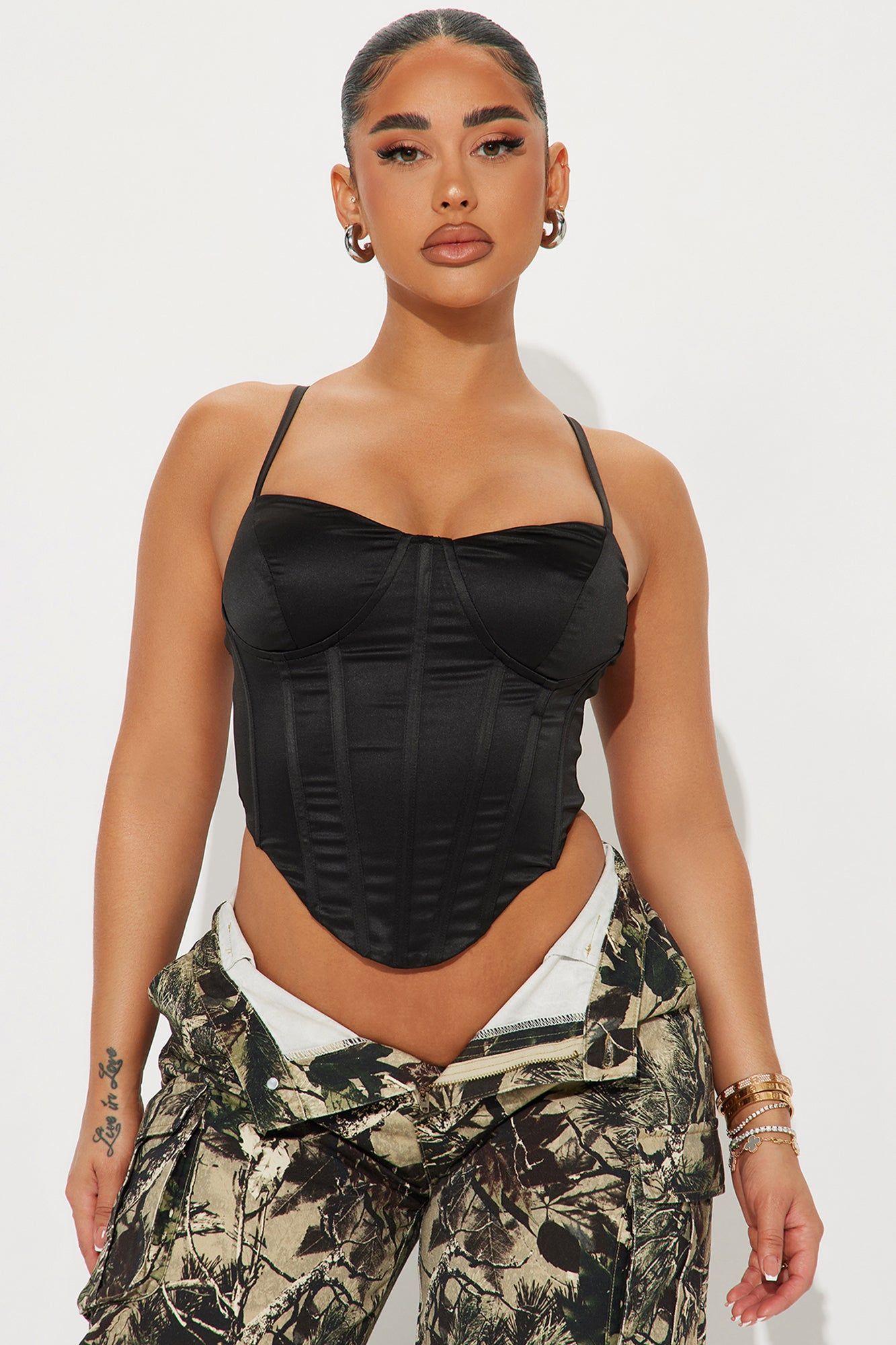 Typha Satin Corset Top - Black sold by Fashion Nova