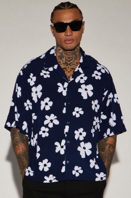 Floral View Button Up Shirt - Navy/combo sold by Fashion Nova
