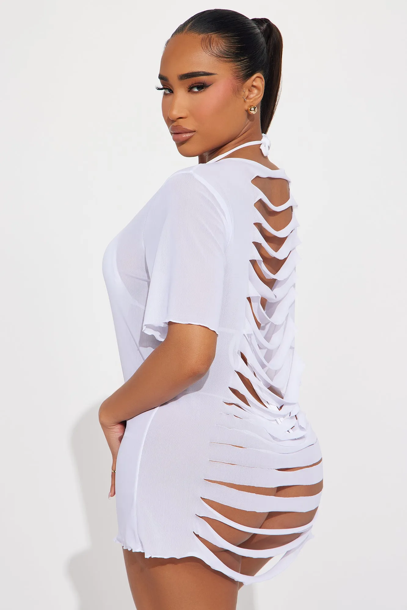 Shaina Ripped Cutout Mesh Cover Up - White sold by Fashion Nova