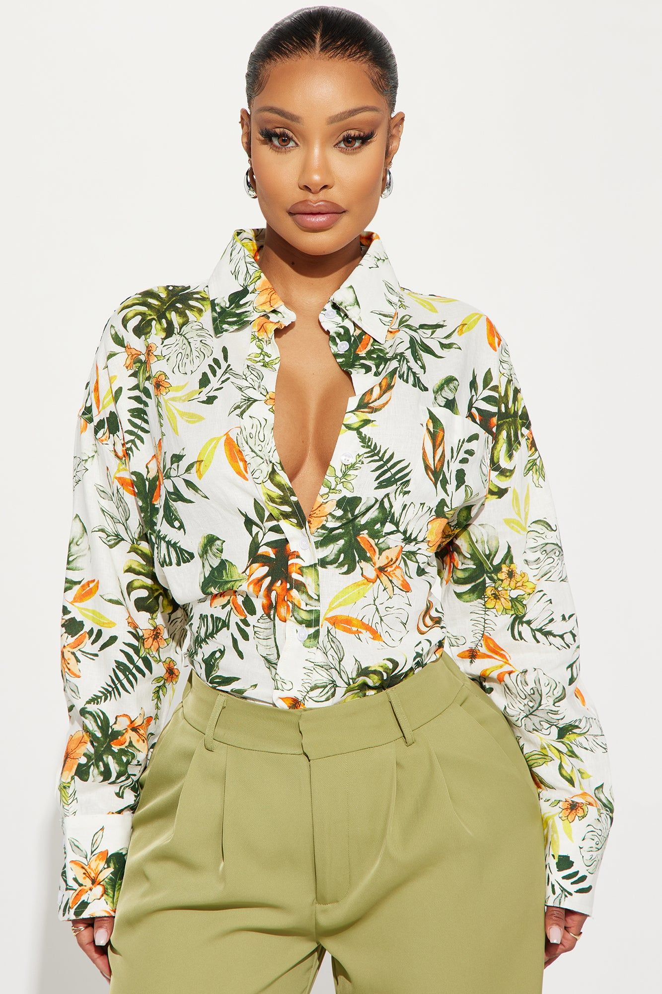 Tropical Vibe Linen Shirt - White/combo sold by Fashion Nova
