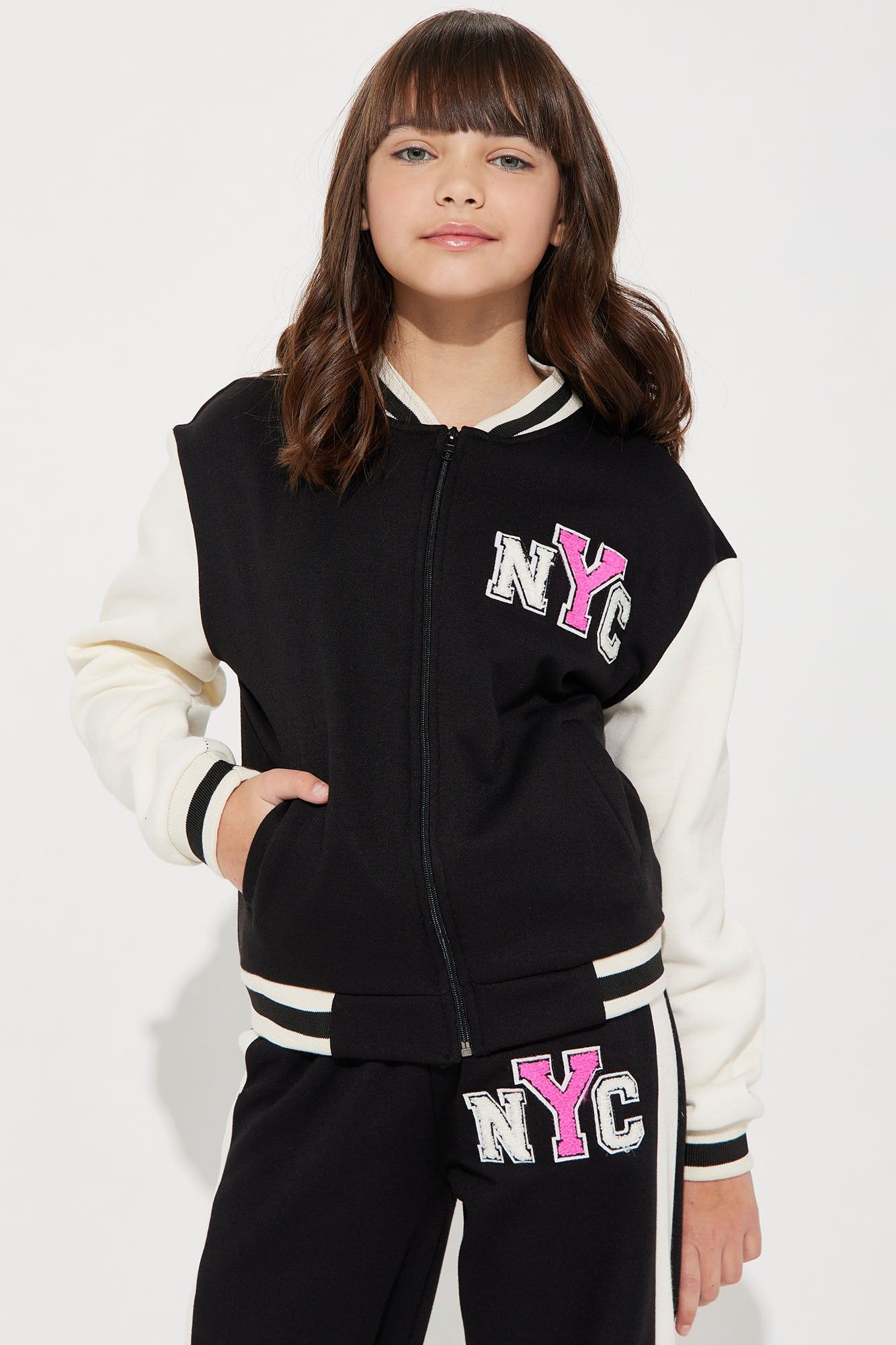 Mini All Around Varsity Fleece Jacket - Black/combo sold by Fashion Nova