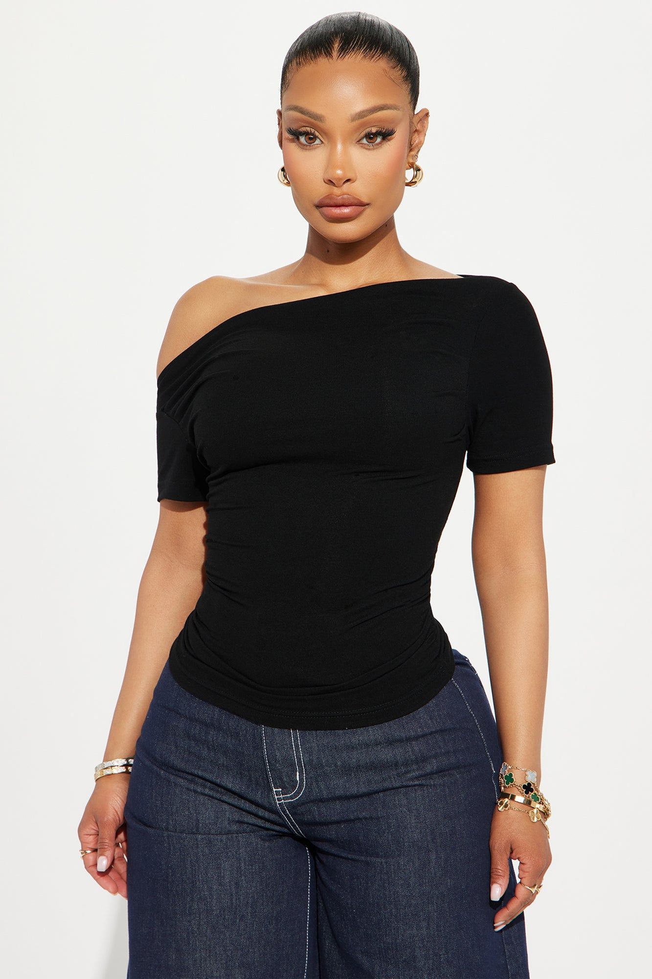Eva Effortless One Shoulder Top - Black sold by Fashion Nova