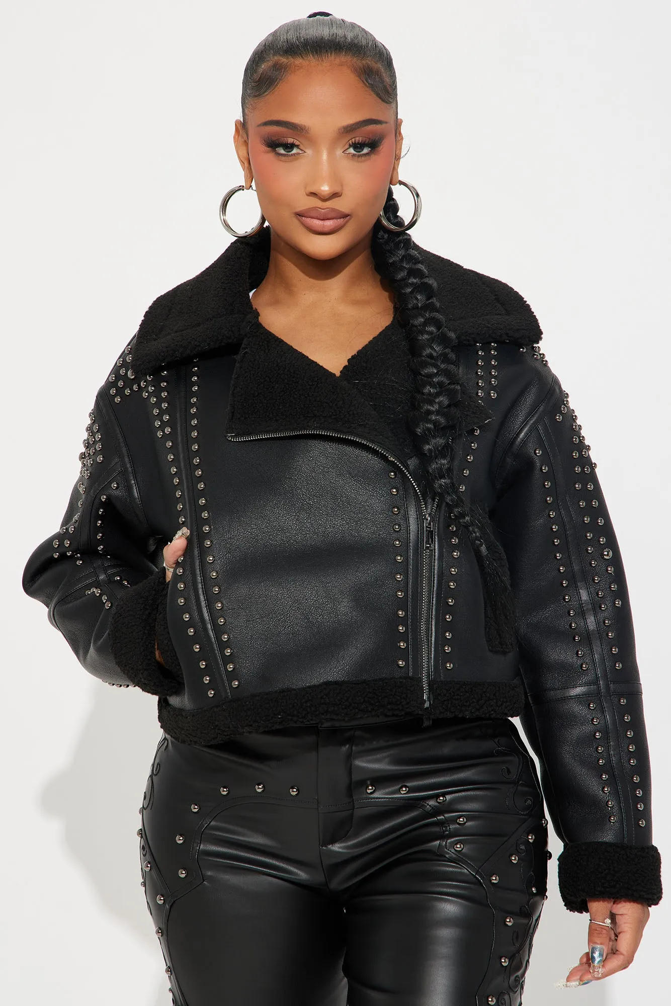 Star Studded Faux Leather Jacket - Black sold by Fashion Nova