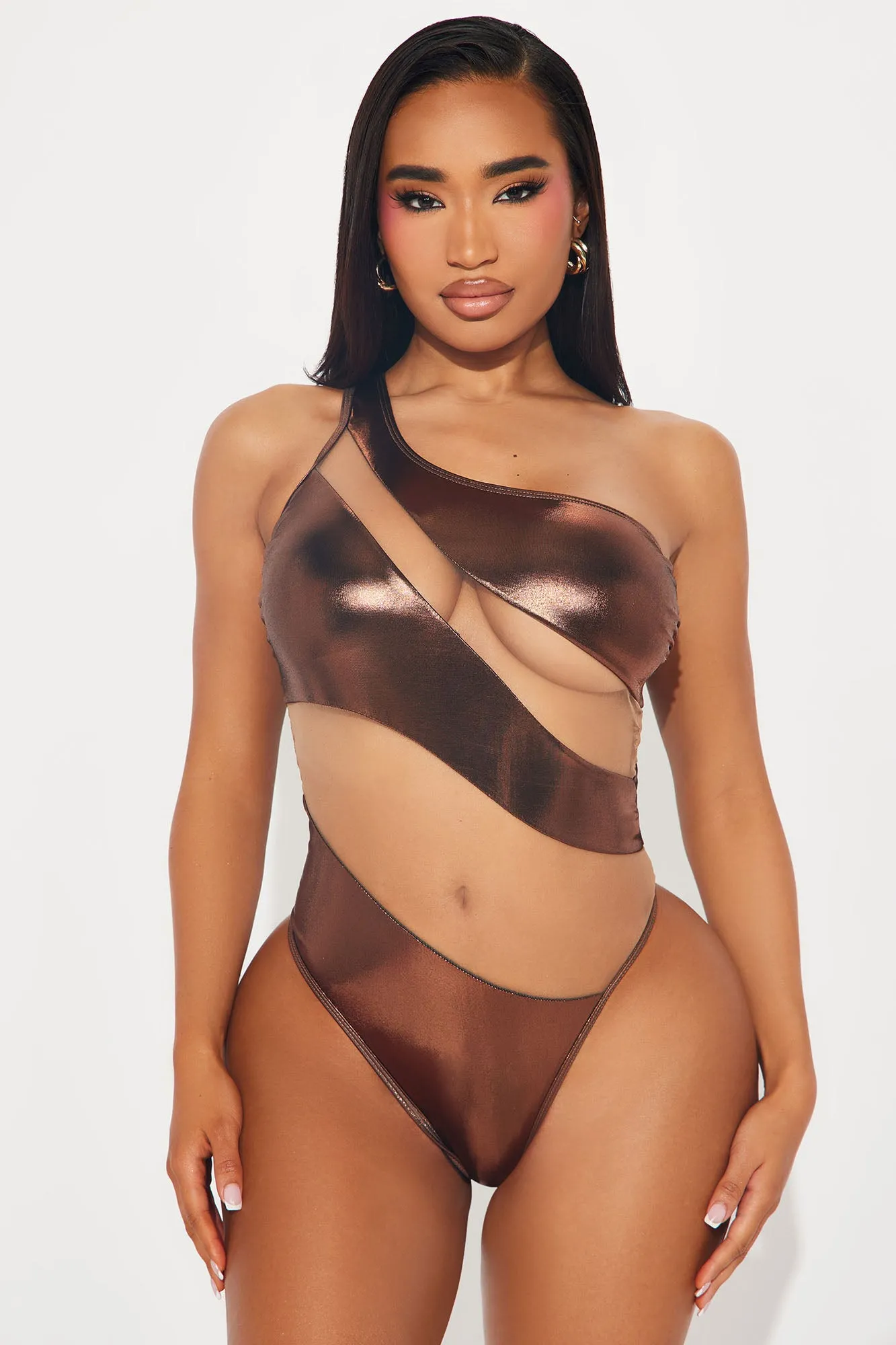 Island Hideout Cutout Mesh One Piece Swimsuit - Bronze sold by Fashion Nova