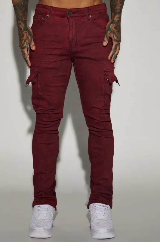 We On Cargo Stacked Skinny Zipper Flare Pants - Red sold by Fashion Nova