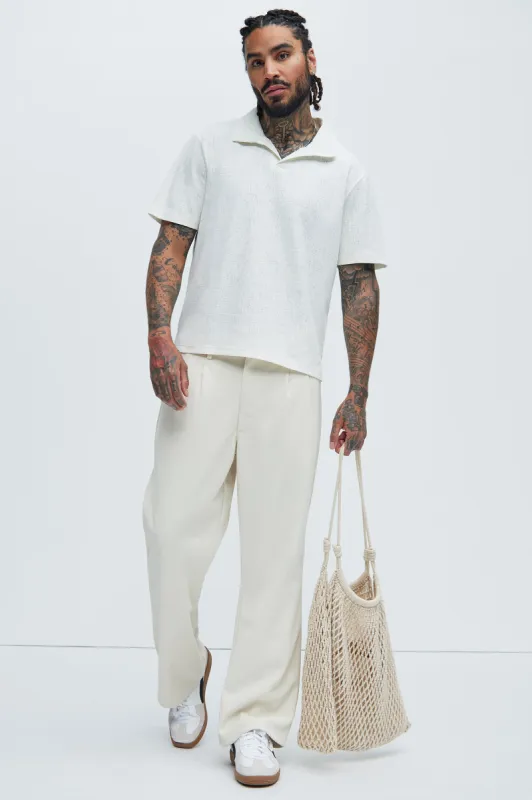 Duval Textured Knit Johnny Collar Shirt - Off White sold by Fashion Nova