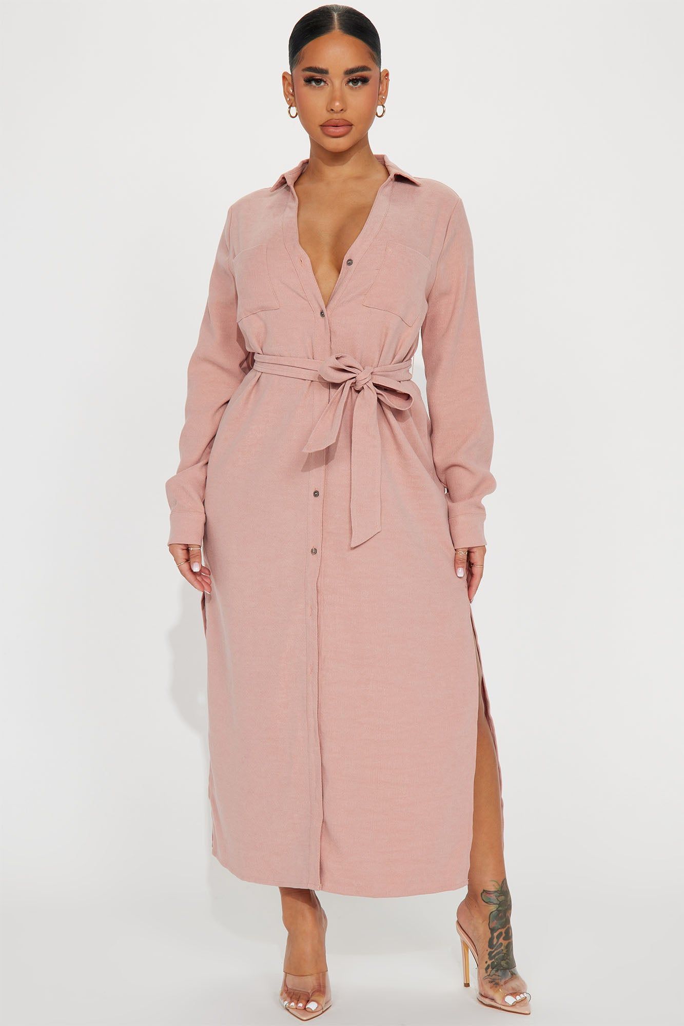 Gracie Button Down Maxi Dress - Blush sold by Fashion Nova
