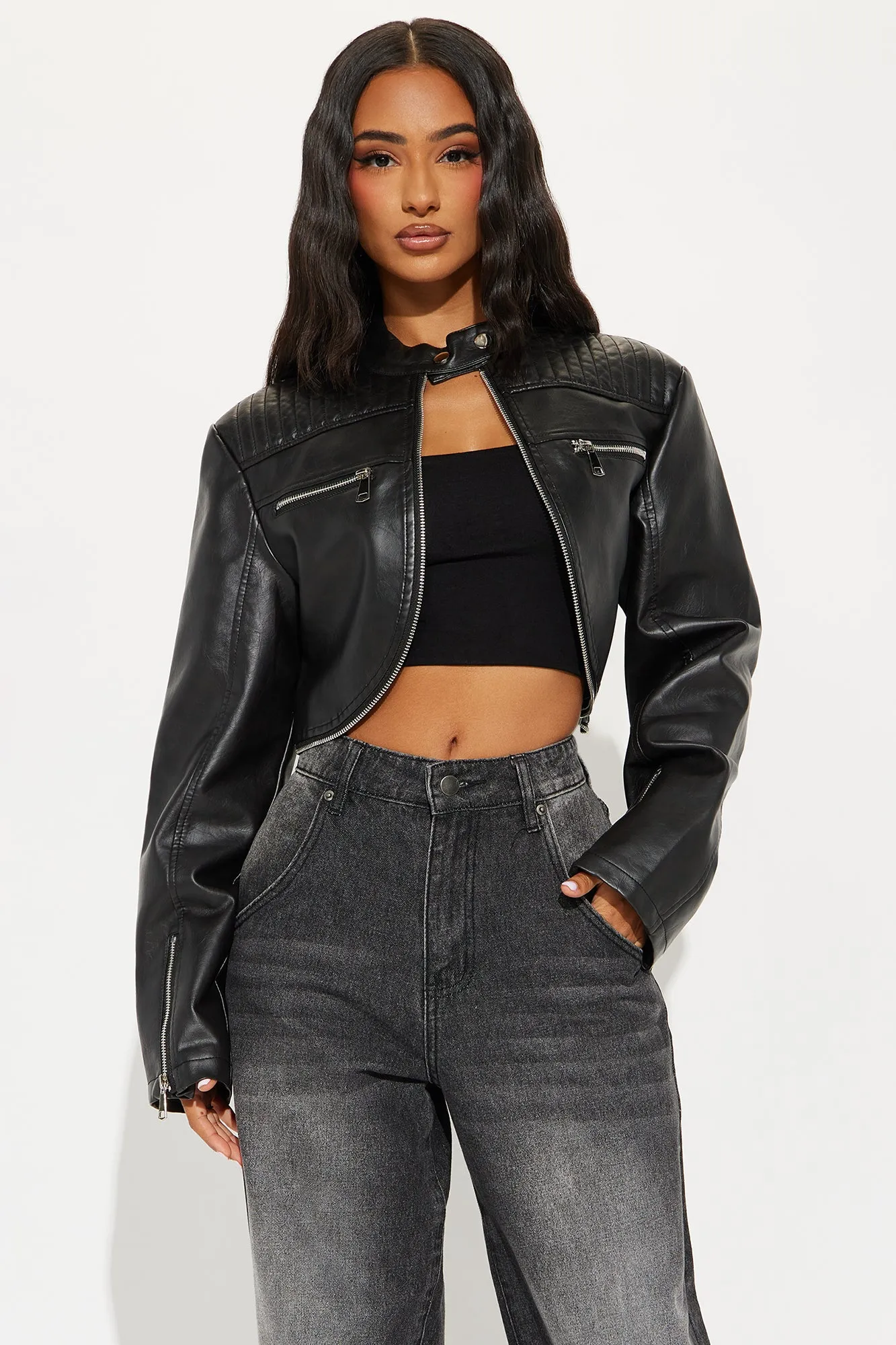 Call My Name Cropped Bolero Faux Leather Jacket - Black