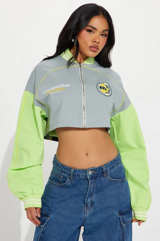 Soccer Wife Jacket - Grey/combo sold by Fashion Nova