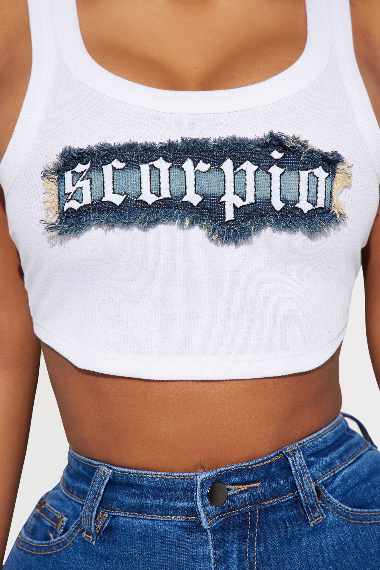 Scorpio Energy Denim Patch Tank Top - White sold by Fashion Nova product image thumbnail 3
