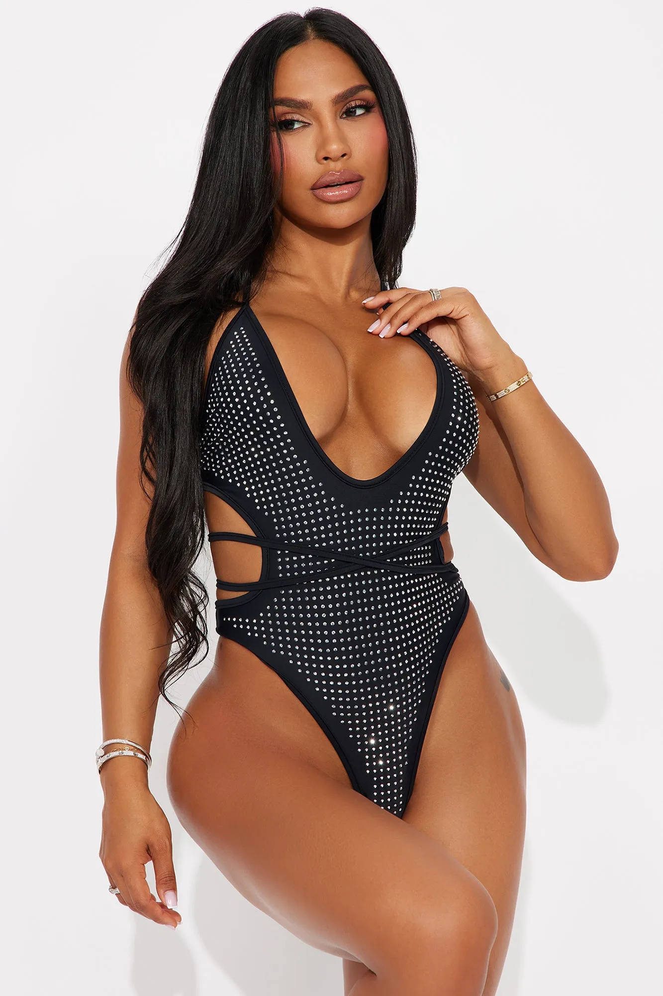 Saisha Rhinestone 1 Piece Swimsuit - Black sold by Fashion Nova