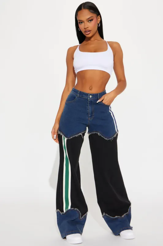 Less Talk More Action Knit Mixed Wide Leg Jeans - Medium Wash sold by Fashion Nova