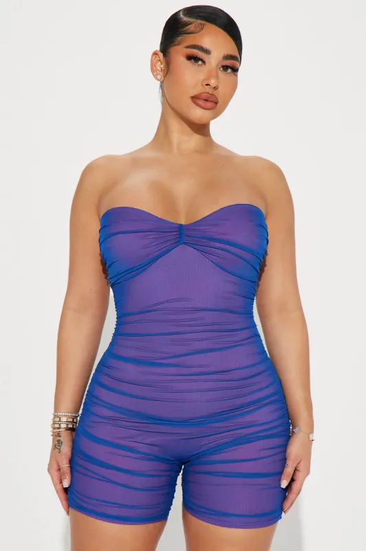 Breaking The Rules Mesh Romper - Royal/combo sold by Fashion Nova