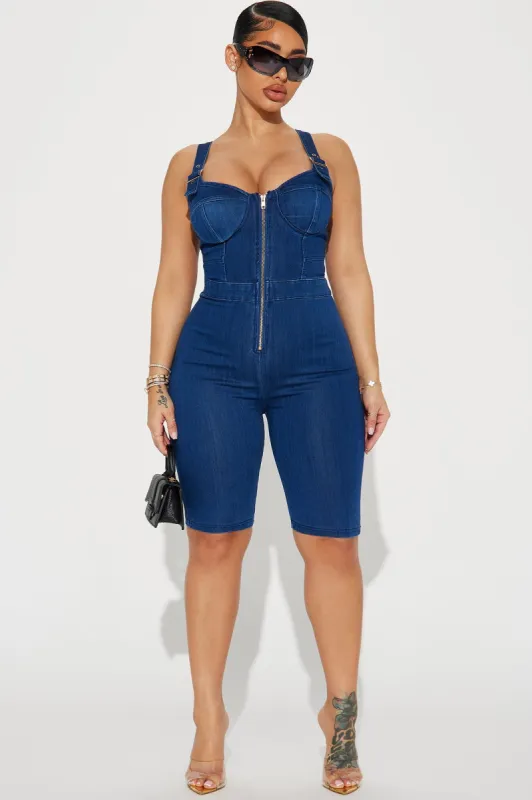 Capture This Denim Romper - Dark Wash sold by Fashion Nova