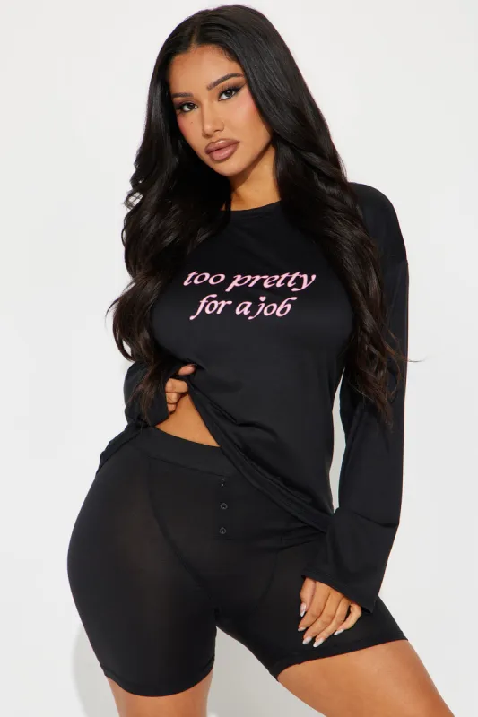 Too Pretty For A Job PJ Boxer Short Set - Black sold by Fashion Nova